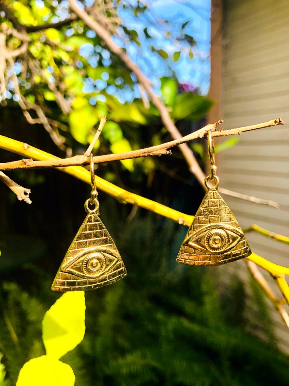 Eye of Providence Earrings Pyramid with Eye Gold Tone Brass